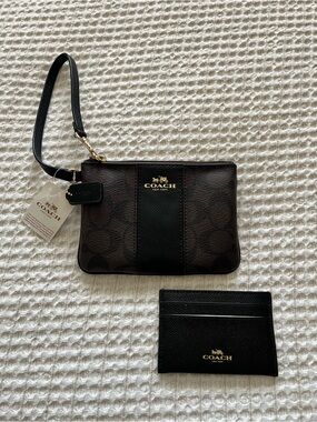 Coach Brown and Black Signature Corner Zip Wristlet with Black Card Case Wallet